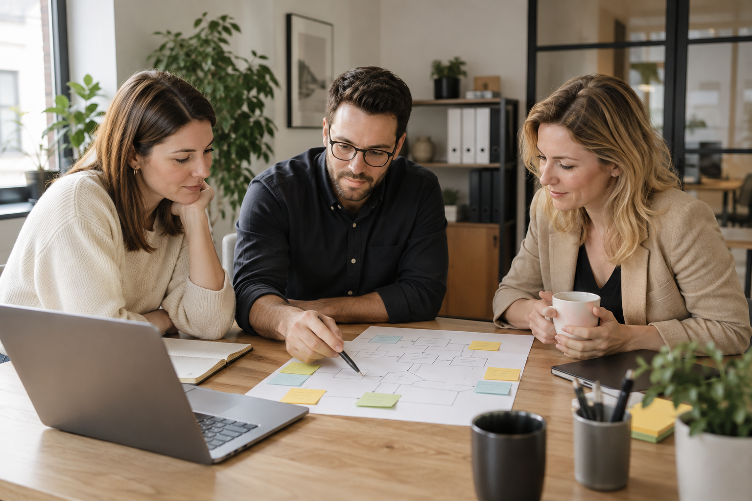 Équipe de PME examinant un processus écrit avant de lancer un projet d'agent IA