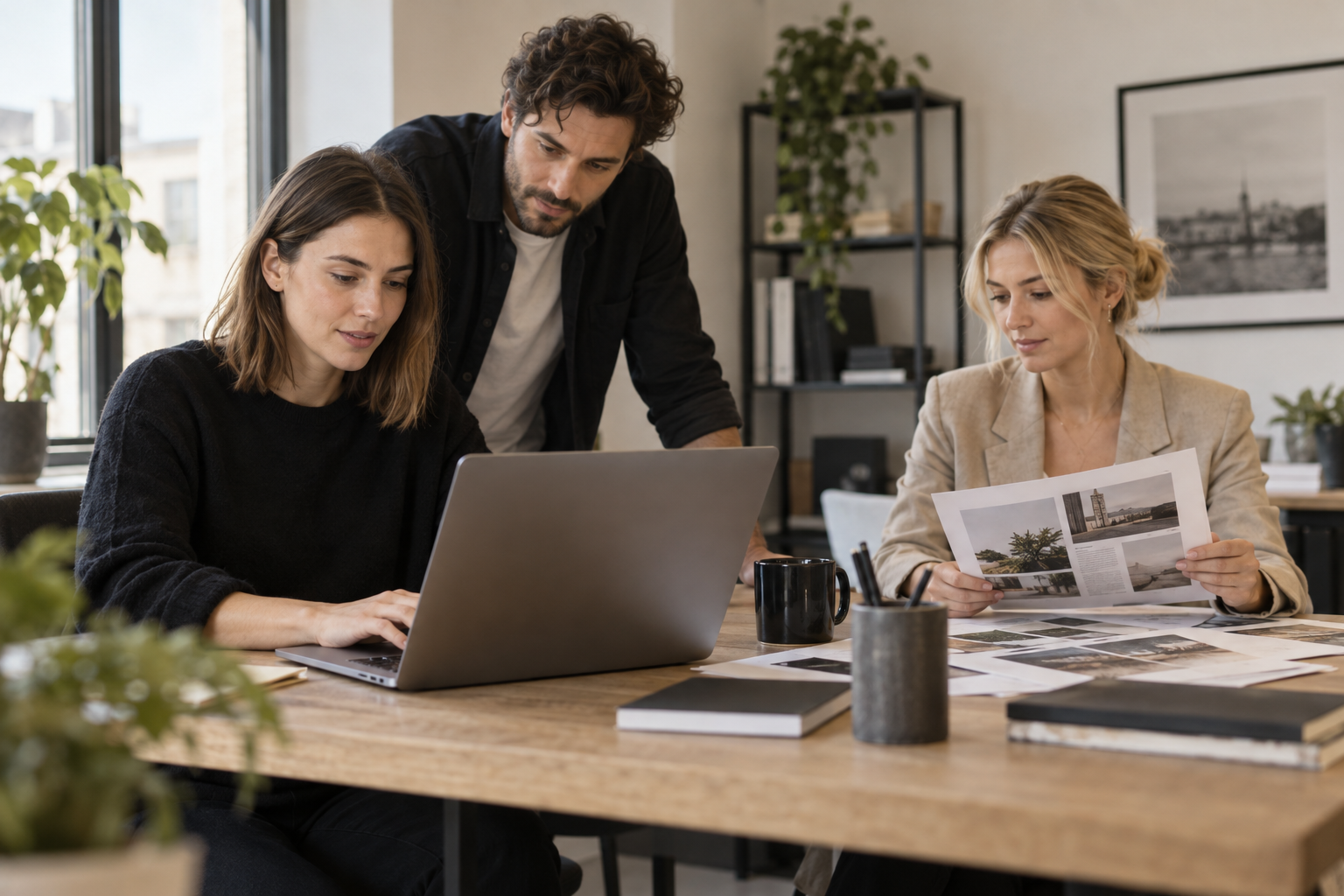 Équipe de PME utilisant un assistant IA pour rédiger du contenu marketing