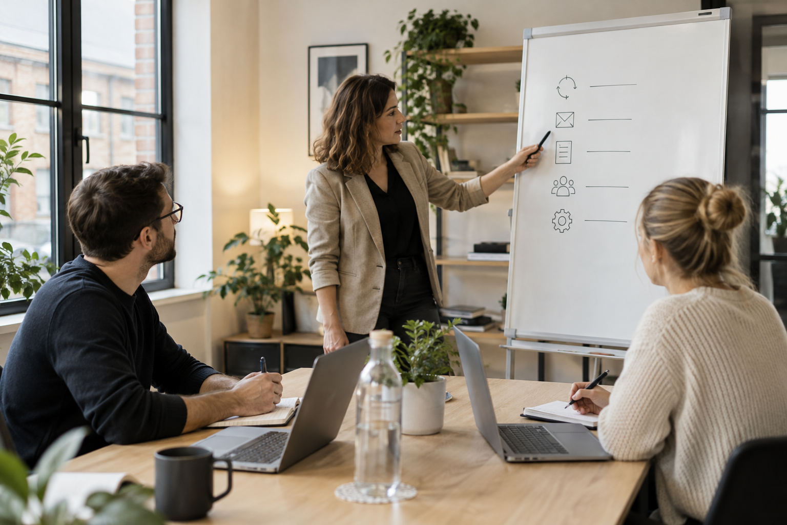 Équipe de PME listant les tâches hebdomadaires à confier à l'IA sur un tableau blanc