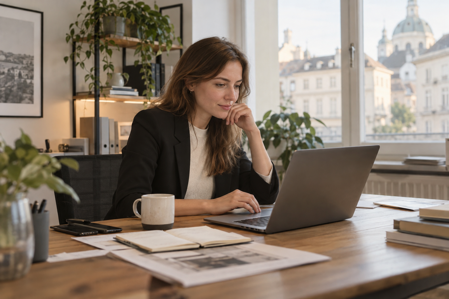 Commercial relisant un e-mail de relance généré par IA sur son ordinateur portable au bureau