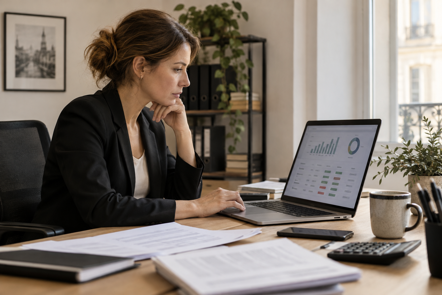 Dirigeant de PME consultant un tableau de bord d'automatisation des relances de factures sur un ordinateur portable