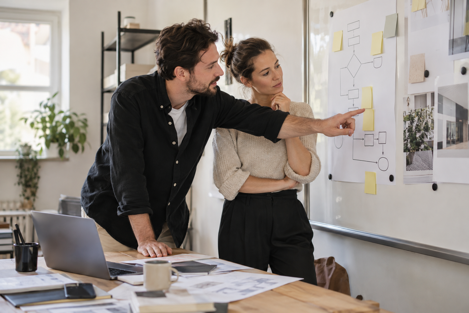 Deux collaborateurs d'une PME analysent ensemble le parcours d'un dossier sur un tableau blanc