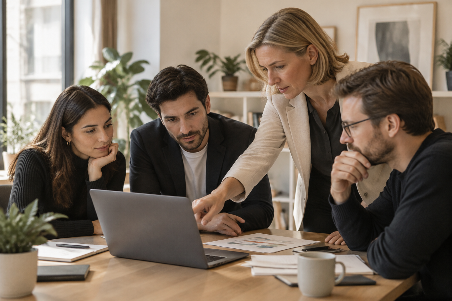 Équipe de PME européenne examinant ensemble les usages de l'IA selon leur niveau de risque sur un écran d'ordinateur