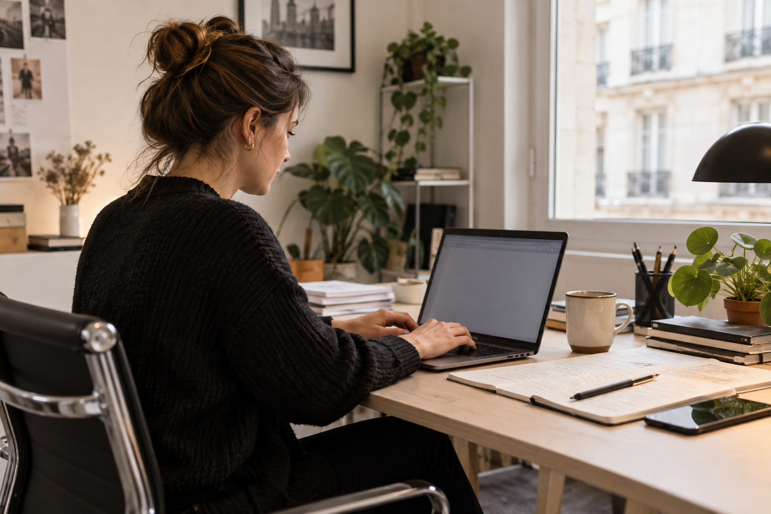 Collaborateur d'une PME formulant une demande précise à un assistant IA sur son ordinateur portable