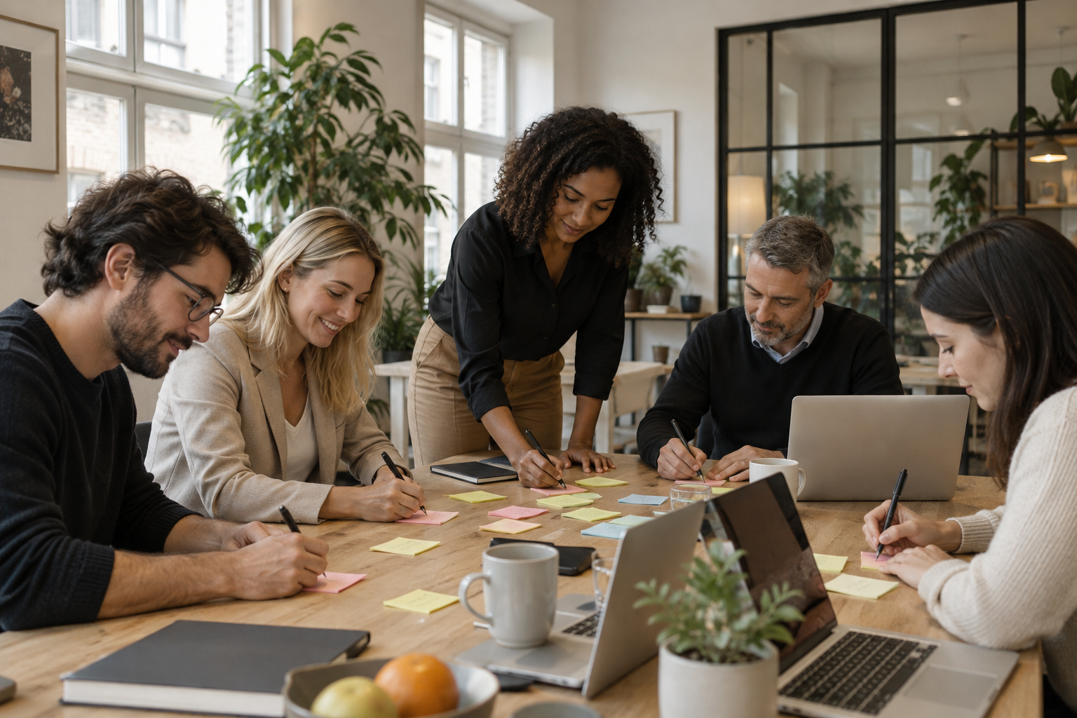 Équipe de PME listant les tâches récurrentes de chaque fonction avant une formation IA