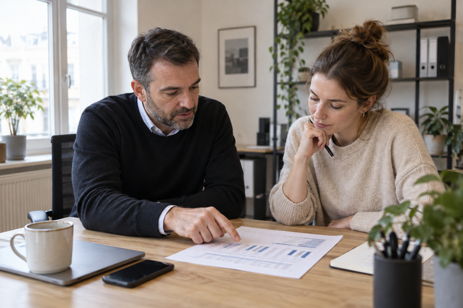 Dirigeant et salarié échangent sur un constat d'audit IA au bureau