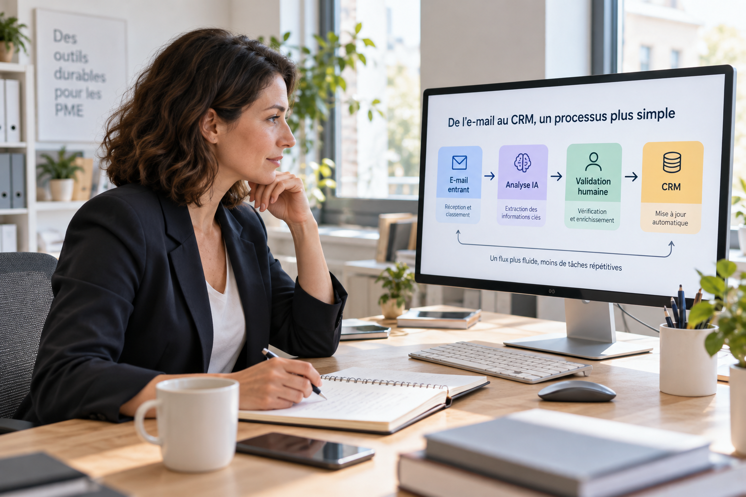 Une responsable d'opérations observe un workflow d'automatisation visuel sur son écran