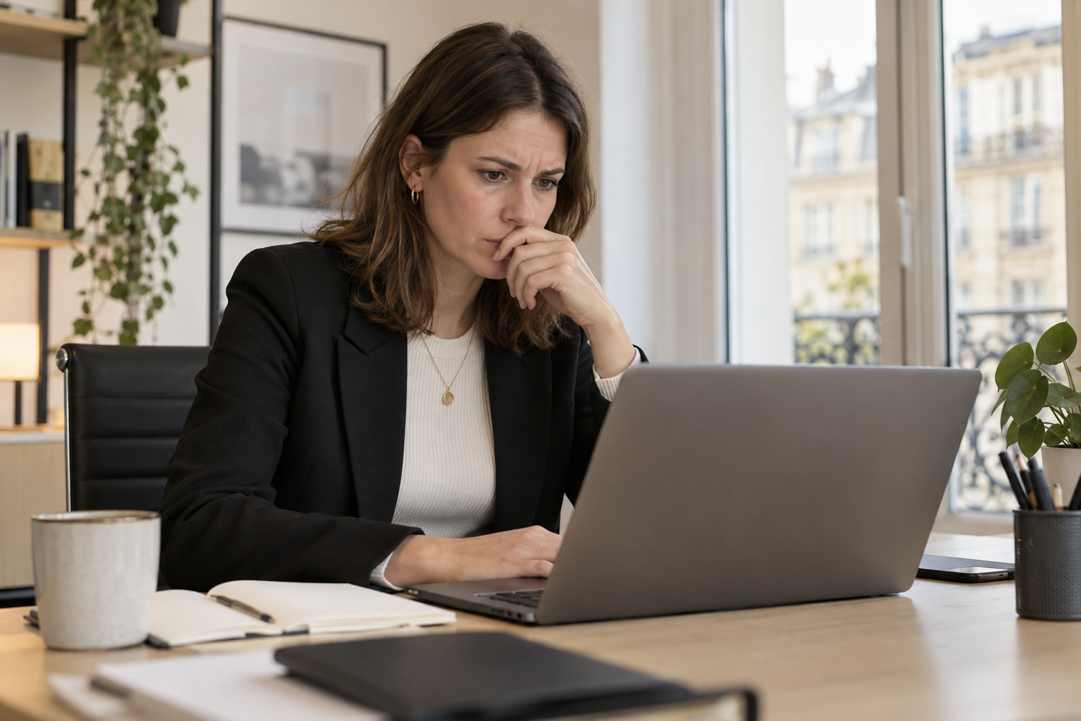 Commercial examinant un message de prospection générique sur son ordinateur dans un bureau de PME