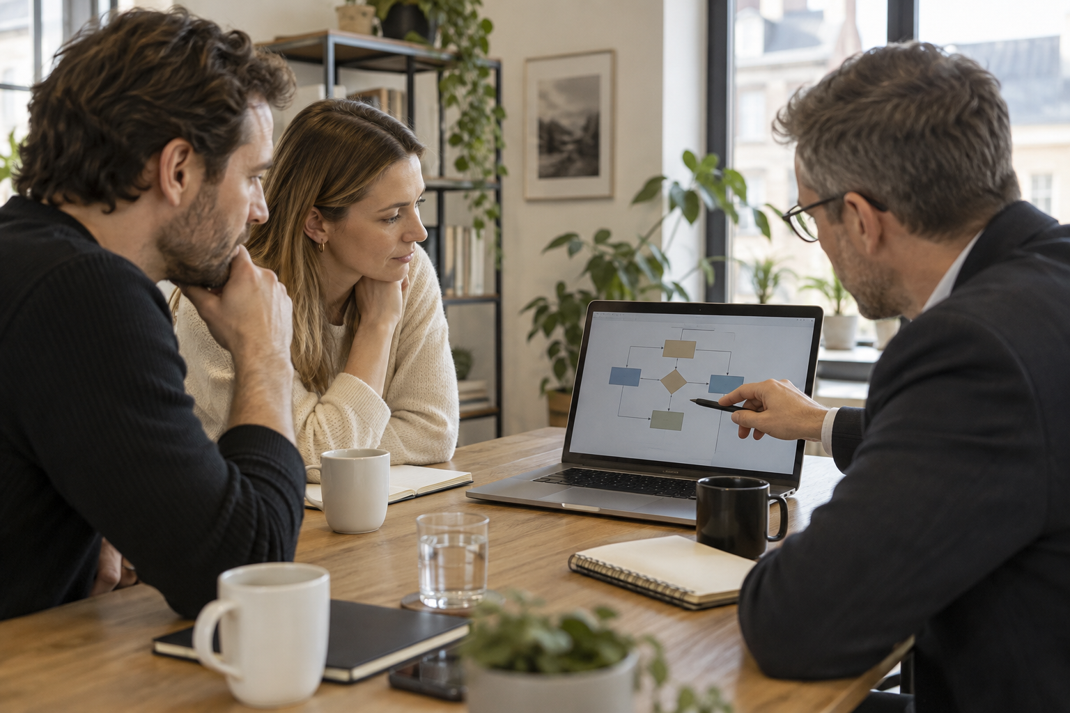 Consultant et employés d'une PME analysant ensemble un processus métier sur ordinateur