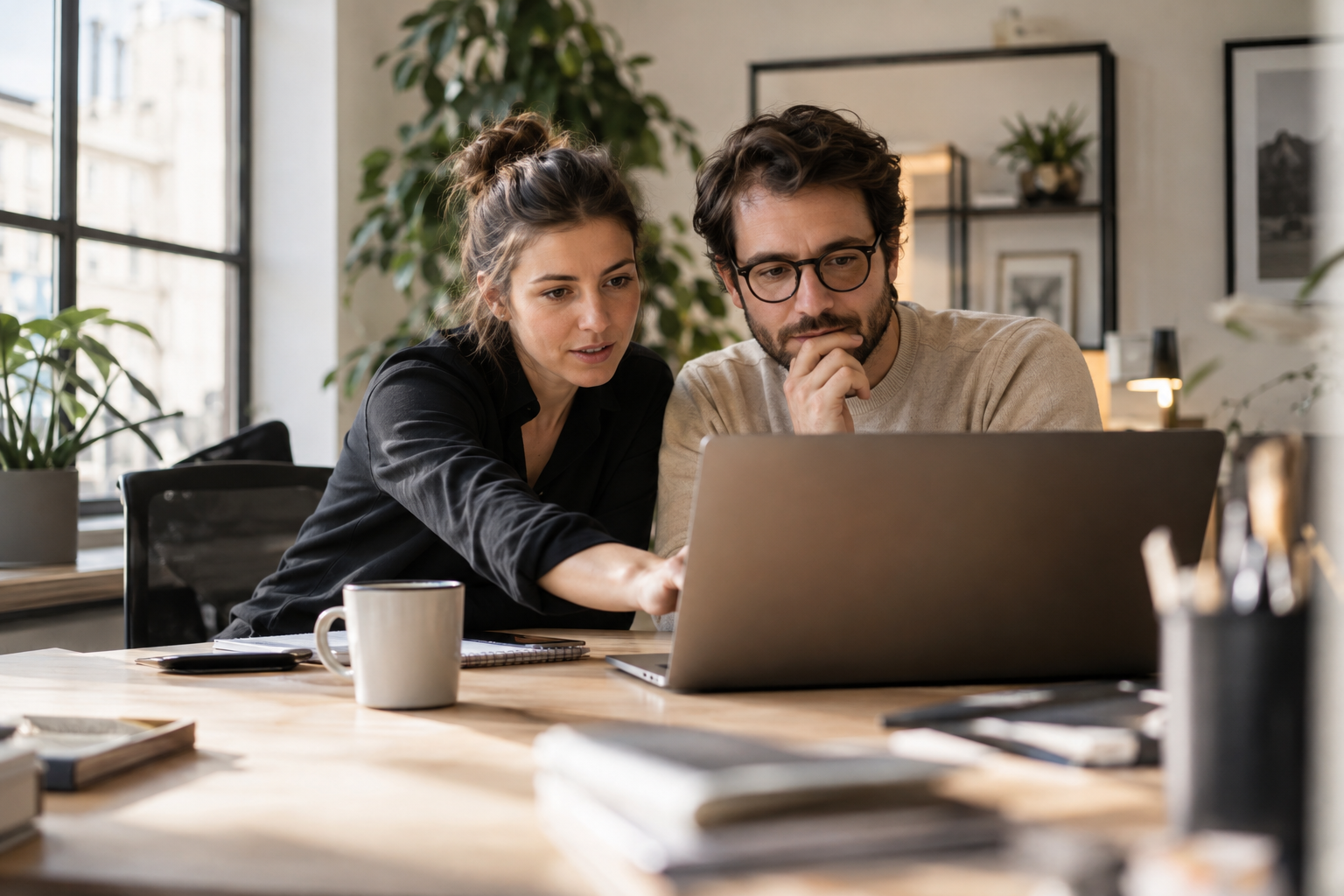 Deux employés de PME consultent un tableau de bord d'agent IA sur un ordinateur portable